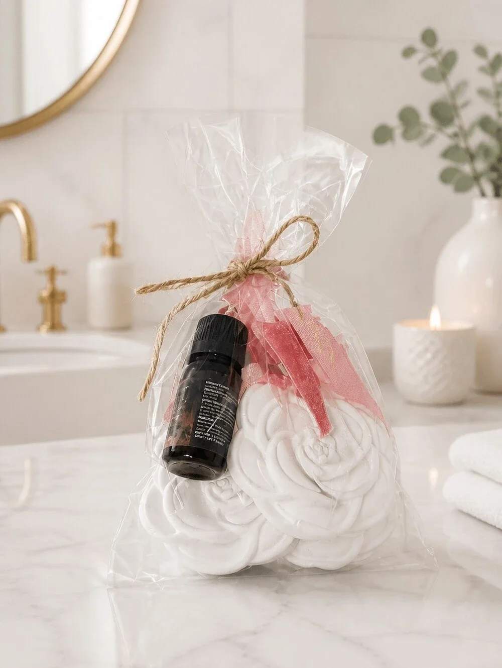 White Rose Ceramic difuser with Pink or Black ribbon (Set of 3) + essential oil